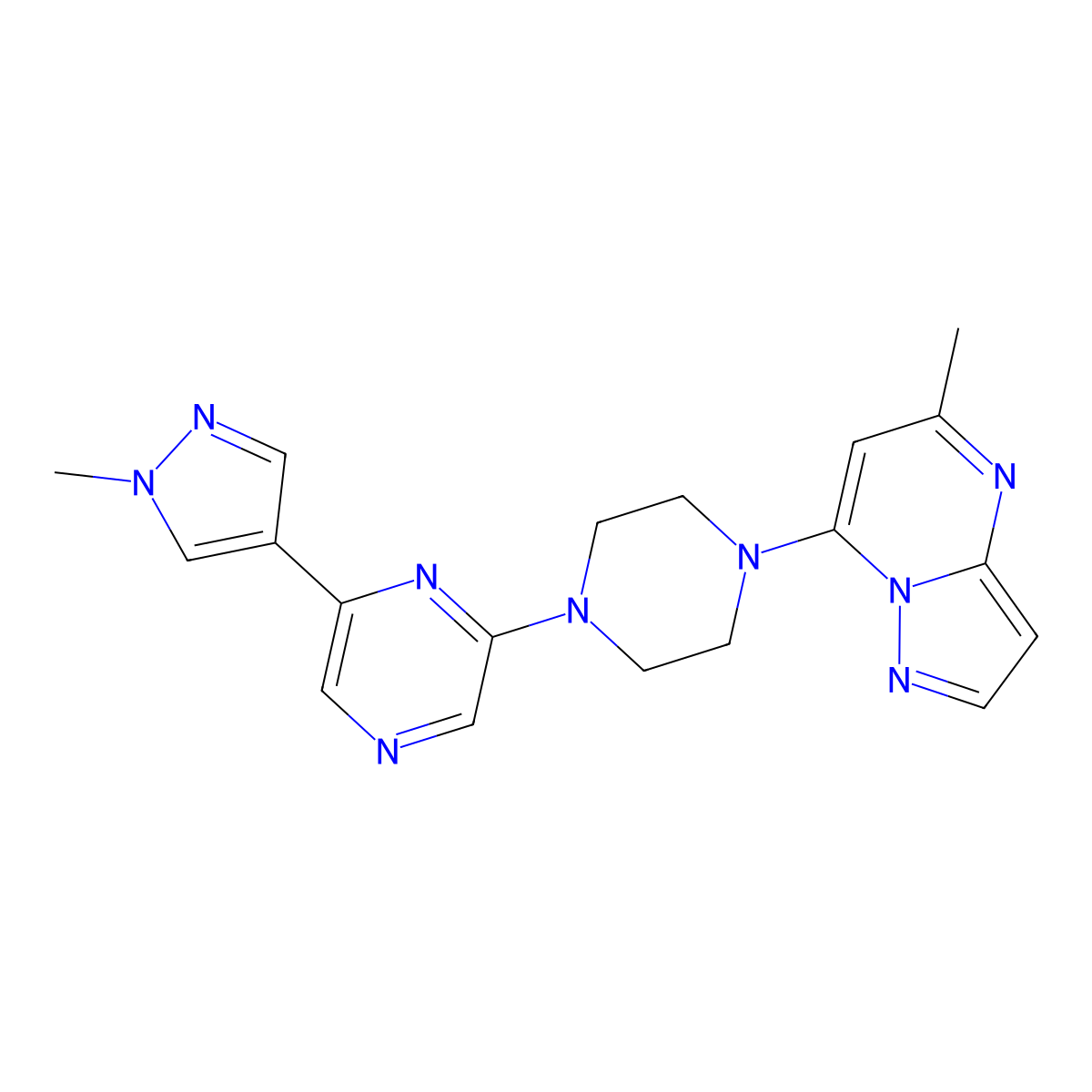 2-(1-methyl-1H-pyrazol-4-yl)-6-(4-{5-methylpyrazolo[1,5-a]pyrimidin-7-yl}piperazin-1-yl)pyrazine molecular structure, CAS 2770583-44-1