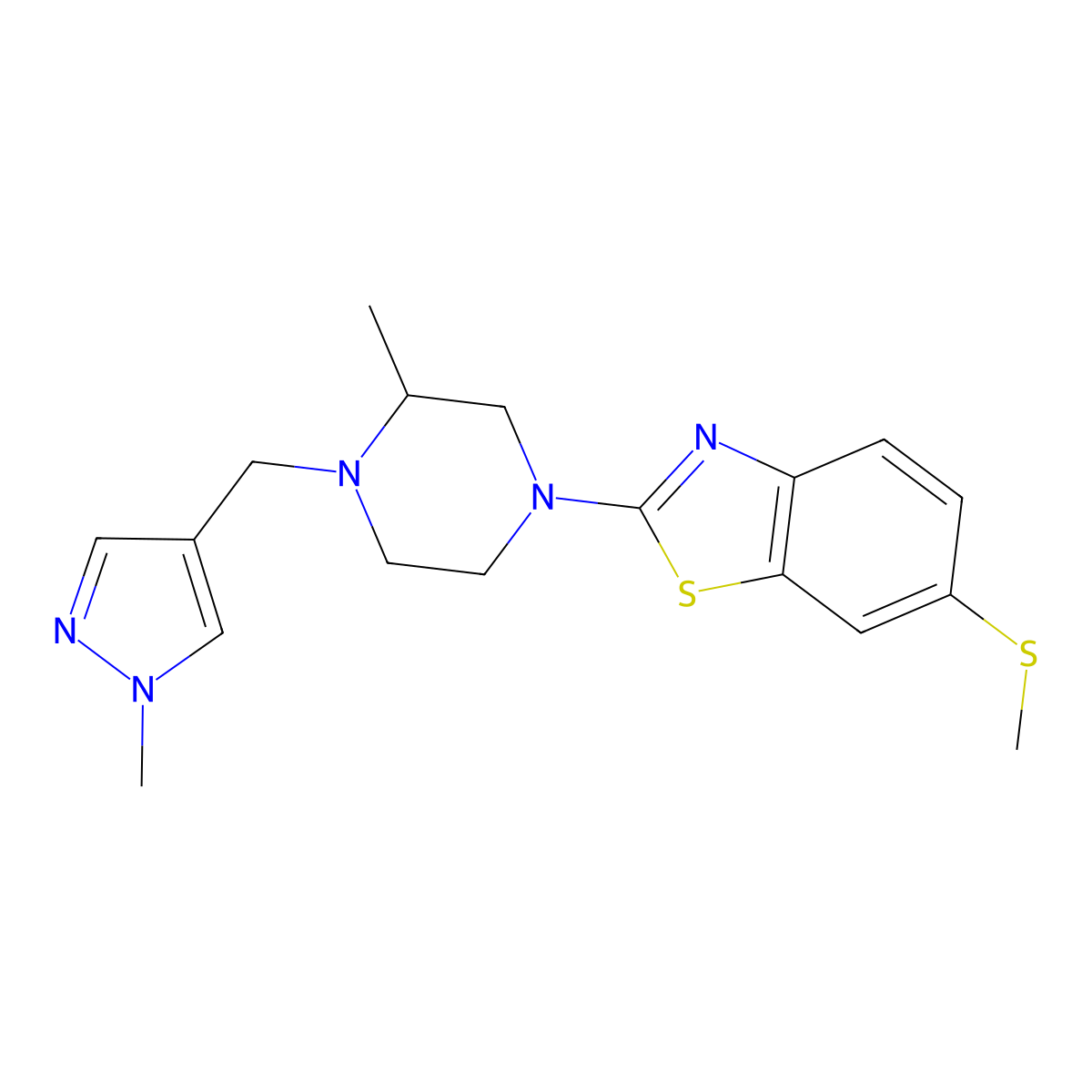 2-{3-methyl-4-[(1-methyl-1H-pyrazol-4-yl)methyl]piperazin-1-yl}-6-(methylsulfanyl)-1,3-benzothiazole molecular structure, CAS 2770583-45-2