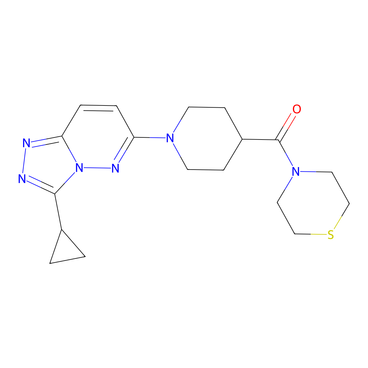 4-(1-{3-Cyclopropyl-[1,2,4]triazolo[4,3-b]pyridazin-6-yl}piperidine-4-carbonyl)thiomorpholine molecular structure, CAS 2770583-46-3