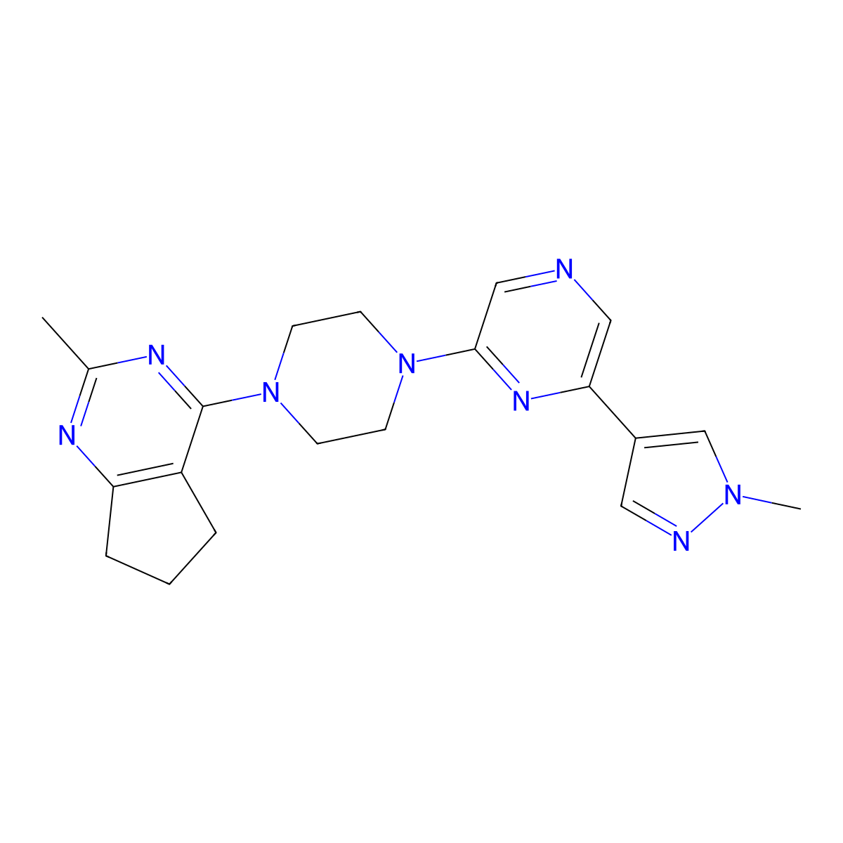 2-(1-methyl-1H-pyrazol-4-yl)-6-(4-{2-methyl-5H,6H,7H-cyclopenta[d]pyrimidin-4-yl}piperazin-1-yl)pyrazine molecular structure, CAS 2770583-51-0
