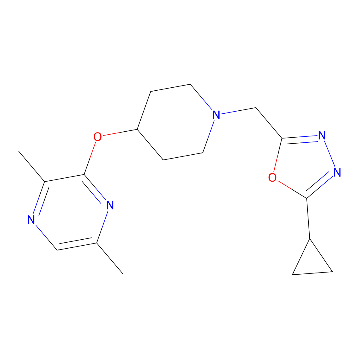 3-({1-[(5-Cyclopropyl-1,3,4-oxadiazol-2-yl)methyl]piperidin-4-yl}oxy)-2,5-dimethylpyrazine molecular structure, CAS 2770583-56-5