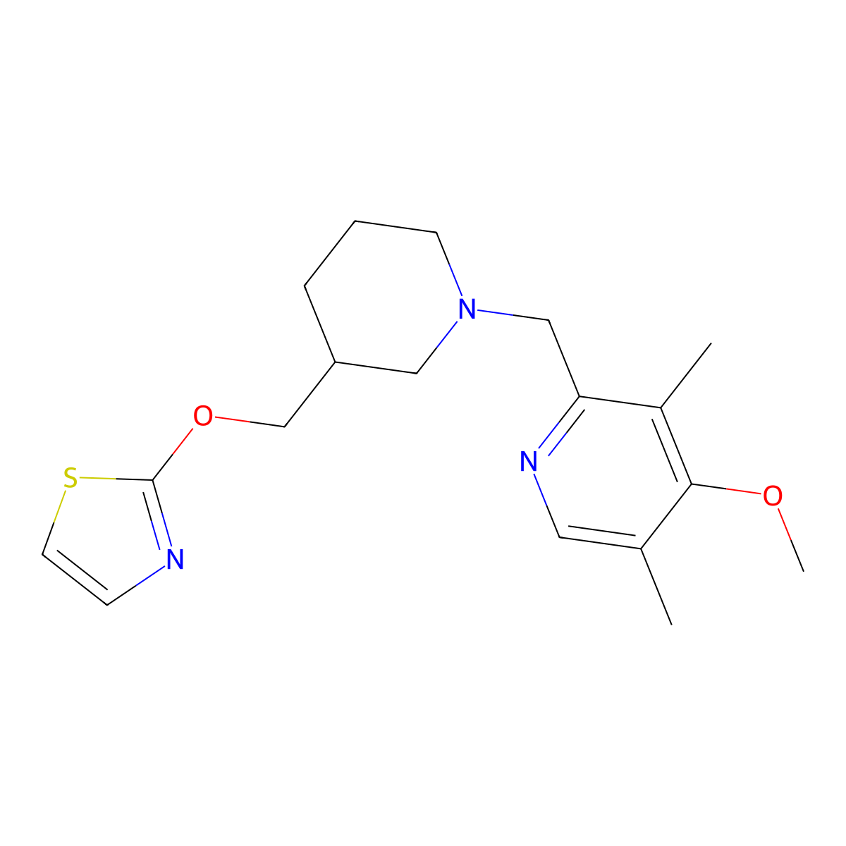 4-Methoxy-3,5-dimethyl-2-({3-[(1,3-thiazol-2-yloxy)methyl]piperidin-1-yl}methyl)pyridine molecular structure, CAS 2770583-61-2