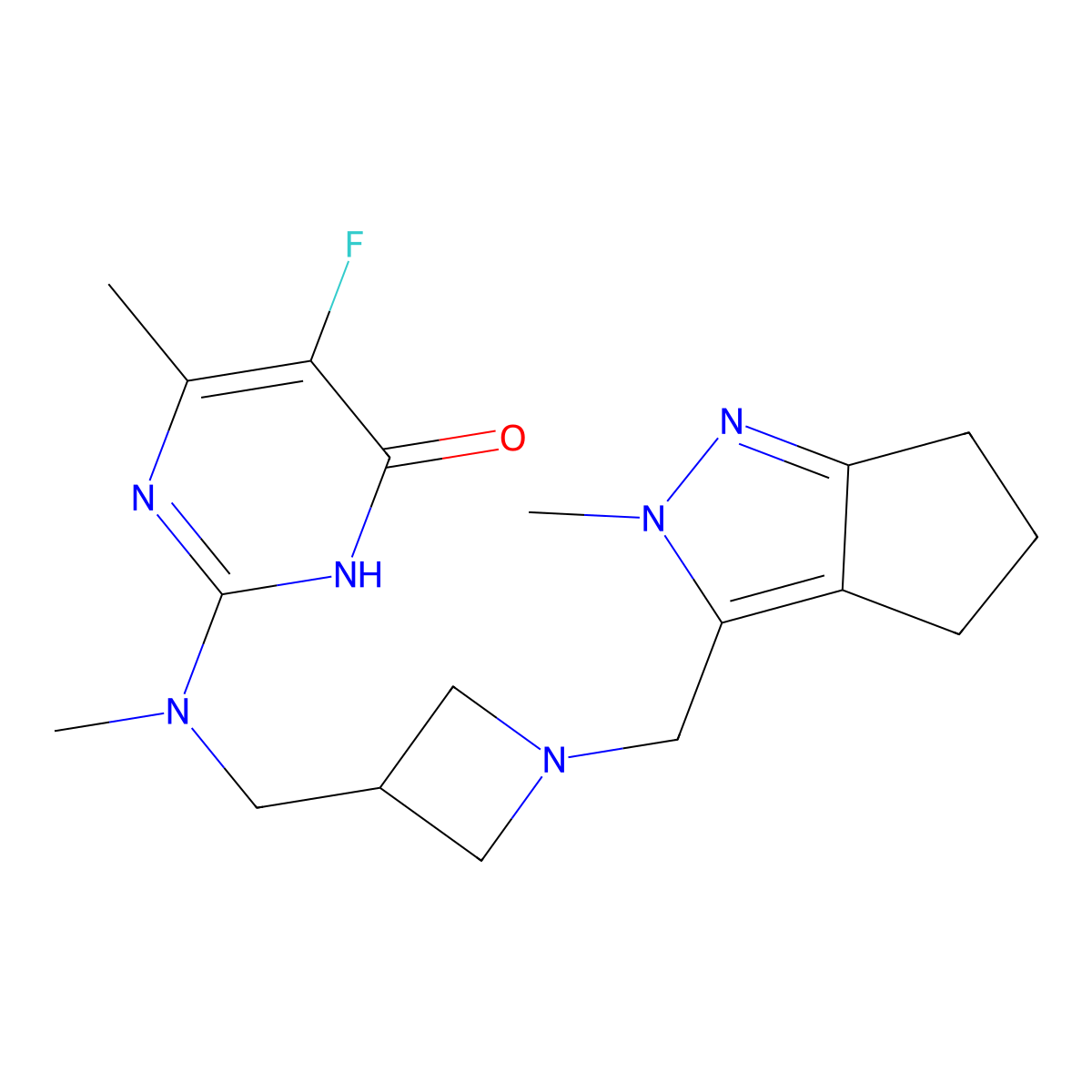 5-fluoro-4-methyl-2-[methyl-[[1-[(2-methyl-5,6-dihydro-4H-cyclopenta[c]pyrazol-3-yl)methyl]azetidin-3-yl]methyl]amino]-1H-pyrimidin-6-one molecular structure, CAS 2770583-66-7