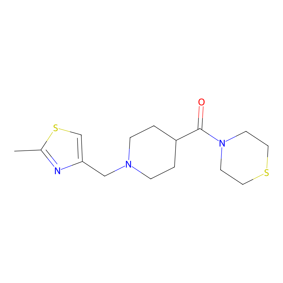 4-{1-[(2-Methyl-1,3-thiazol-4-yl)methyl]piperidine-4-carbonyl}thiomorpholine molecular structure, CAS 2770583-73-6