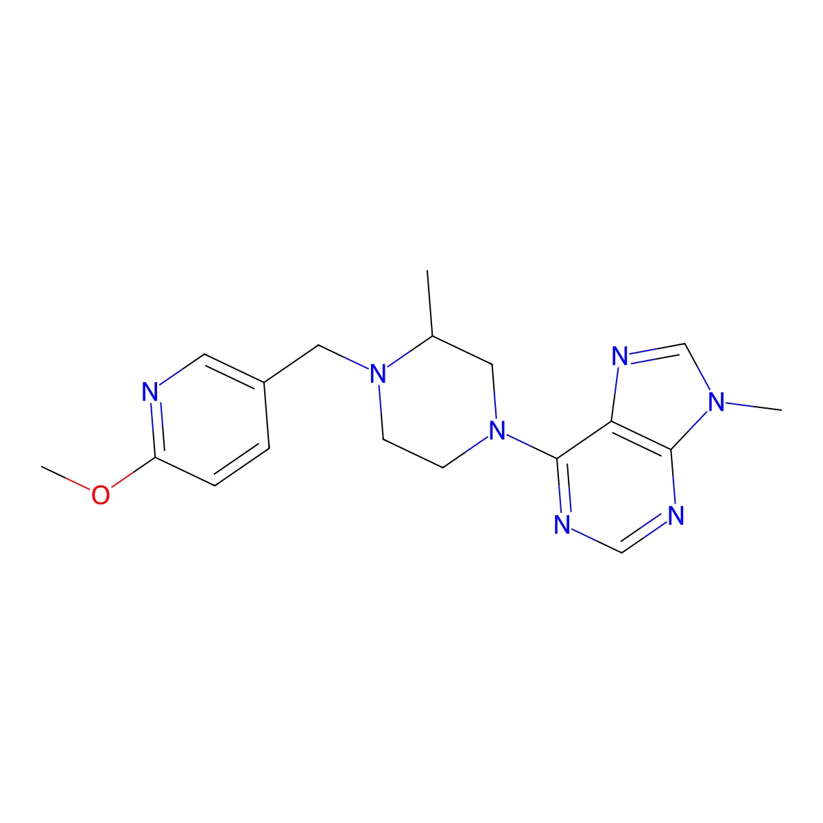 6-{4-[(6-methoxypyridin-3-yl)methyl]-3-methylpiperazin-1-yl}-9-methyl-9H-purine molecular structure, CAS 2770583-77-0