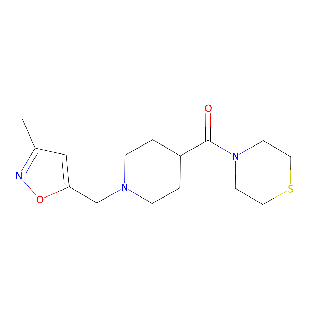 4-{1-[(3-Methyl-1,2-oxazol-5-yl)methyl]piperidine-4-carbonyl}thiomorpholine molecular structure, CAS 2770583-78-1
