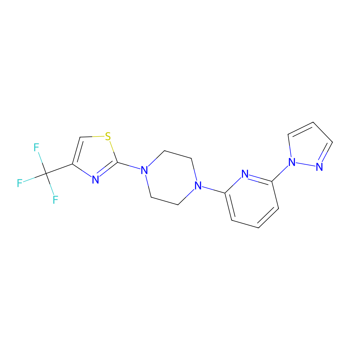 1-[6-(1H-pyrazol-1-yl)pyridin-2-yl]-4-[4-(trifluoromethyl)-1,3-thiazol-2-yl]piperazine molecular structure, CAS 2770583-79-2