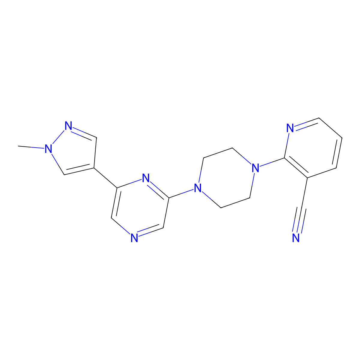 2-{4-[6-(1-methyl-1H-pyrazol-4-yl)pyrazin-2-yl]piperazin-1-yl}pyridine-3-carbonitrile molecular structure, CAS 2770583-97-4
