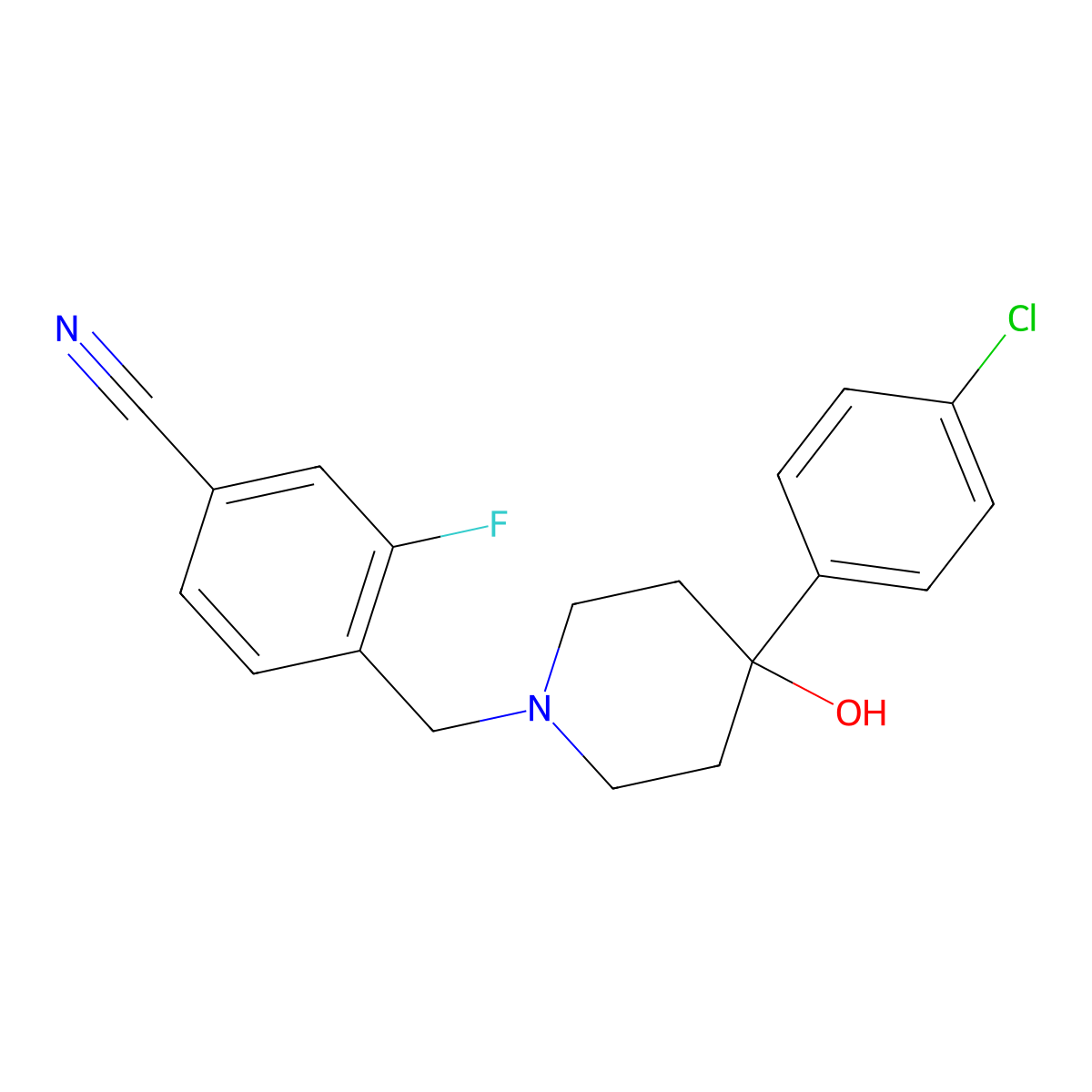 4-{[4-(4-Chlorophenyl)-4-hydroxypiperidin-1-yl]methyl}-3-fluorobenzonitrile molecular structure, CAS 2770584-15-9