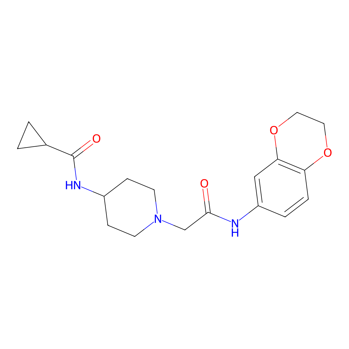 N-(1-{[(2,3-dihydro-1,4-benzodioxin-6-yl)carbamoyl]methyl}piperidin-4-yl)cyclopropanecarboxamide molecular structure, CAS 2770584-24-0