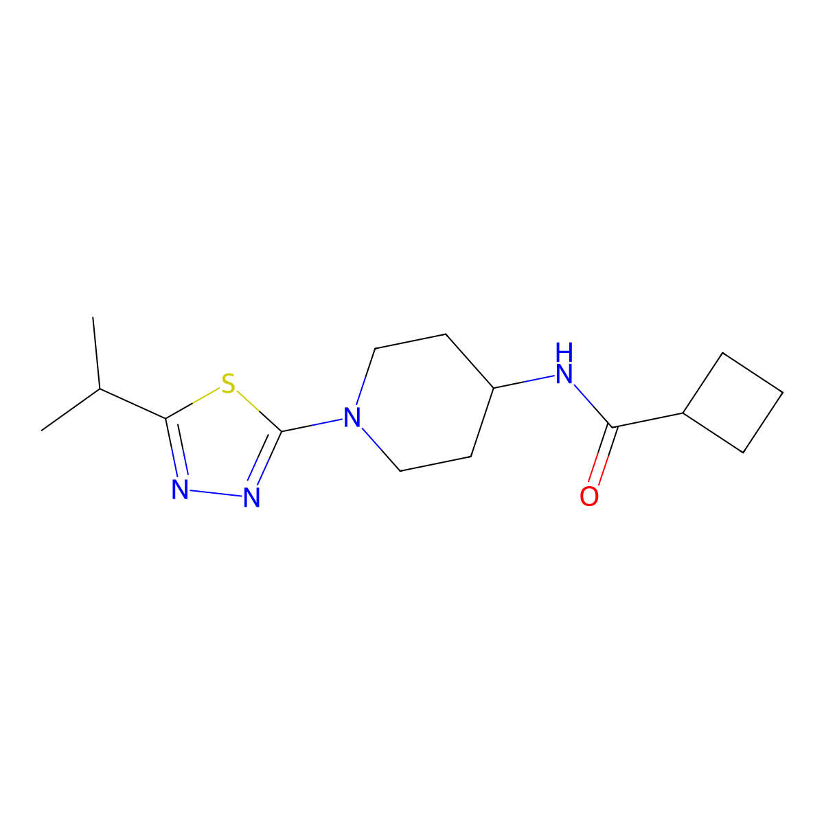 N-{1-[5-(propan-2-yl)-1,3,4-thiadiazol-2-yl]piperidin-4-yl}cyclobutanecarboxamide molecular structure, CAS 2770584-29-5