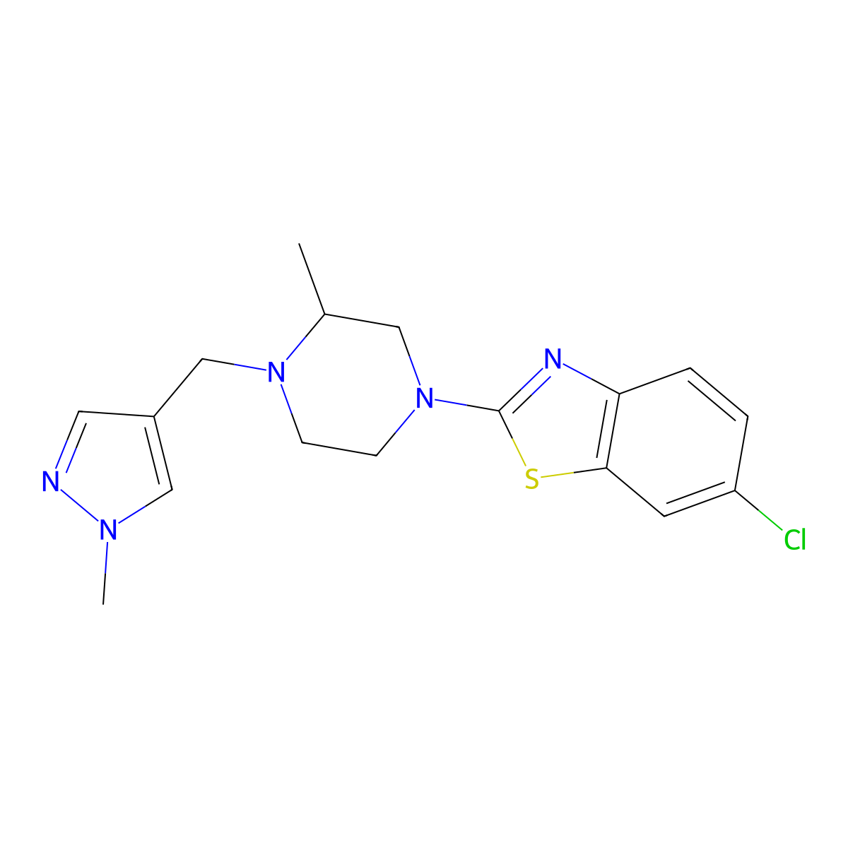 6-chloro-2-{3-methyl-4-[(1-methyl-1H-pyrazol-4-yl)methyl]piperazin-1-yl}-1,3-benzothiazole molecular structure, CAS 2770584-31-9