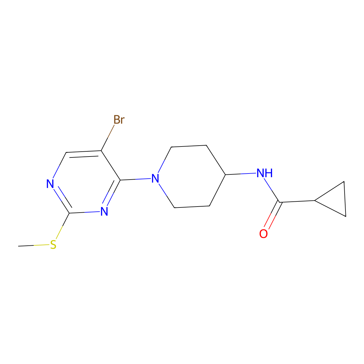 N-{1-[5-bromo-2-(methylsulfanyl)pyrimidin-4-yl]piperidin-4-yl}cyclopropanecarboxamide molecular structure, CAS 2770584-39-7