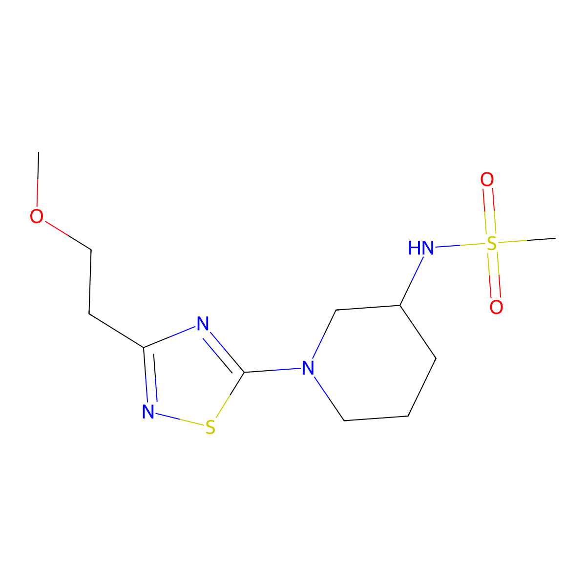 N-{1-[3-(2-methoxyethyl)-1,2,4-thiadiazol-5-yl]piperidin-3-yl}methanesulfonamide molecular structure, CAS 2770584-46-6
