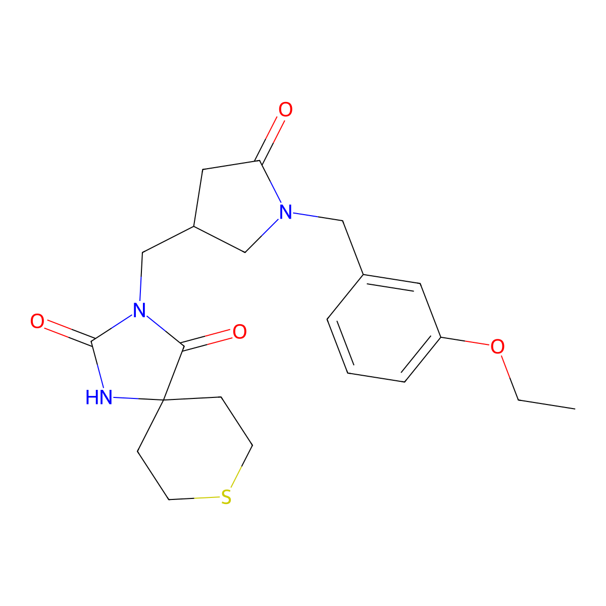 3-({1-[(3-Ethoxyphenyl)methyl]-5-oxopyrrolidin-3-yl}methyl)-8-thia-1,3-diazaspiro[4.5]decane-2,4-dione molecular structure, CAS 2770584-47-7