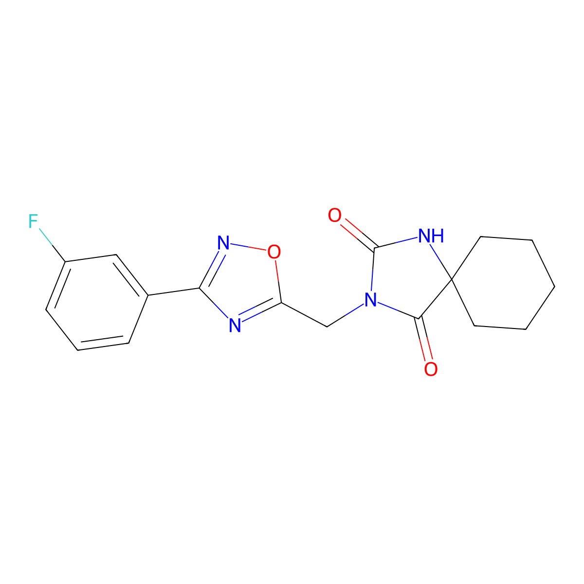 3-{[3-(3-Fluorophenyl)-1,2,4-oxadiazol-5-yl]methyl}-1,3-diazaspiro[4.5]decane-2,4-dione molecular structure, CAS 2770584-57-9