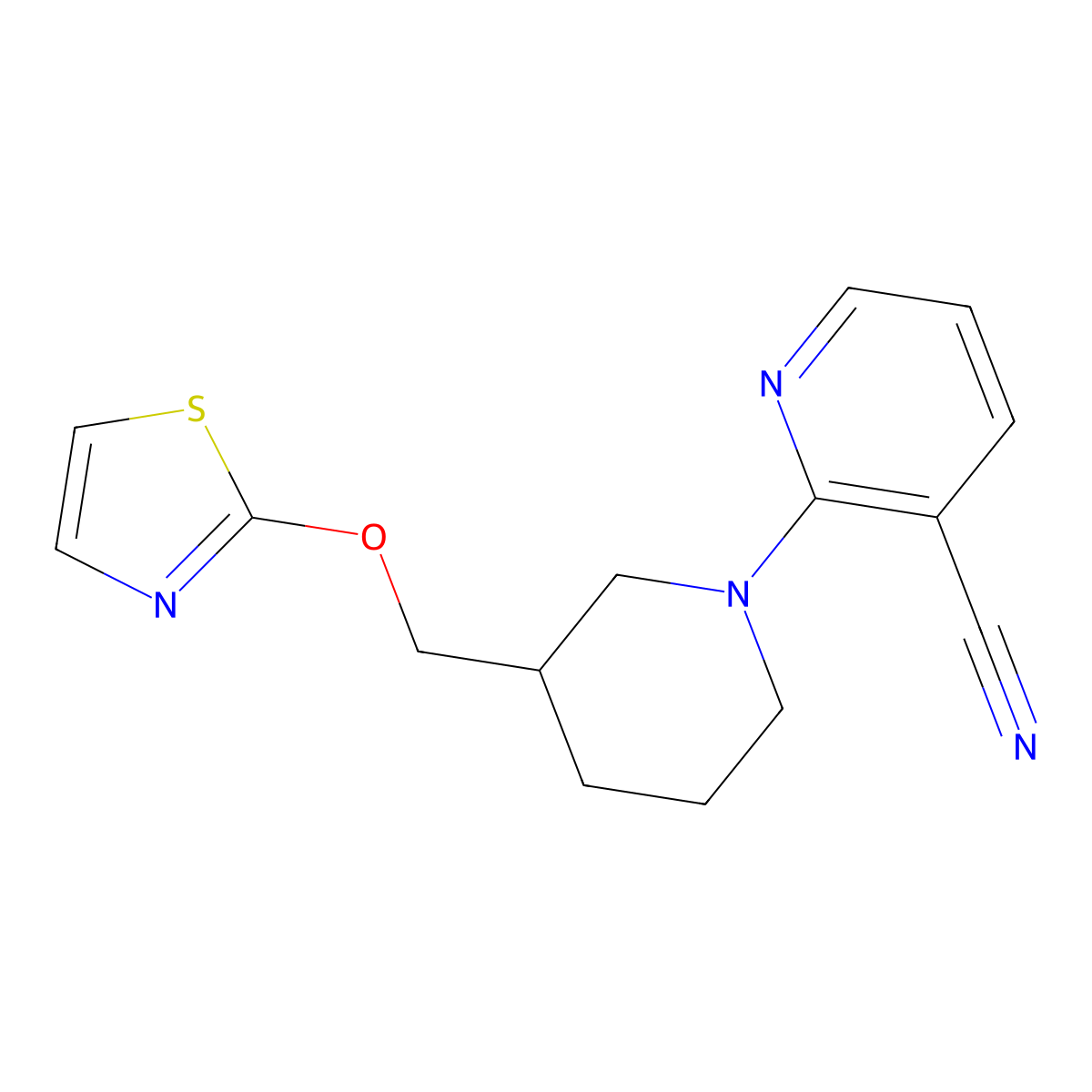2-{3-[(1,3-Thiazol-2-yloxy)methyl]piperidin-1-yl}pyridine-3-carbonitrile molecular structure, CAS 2770584-71-7
