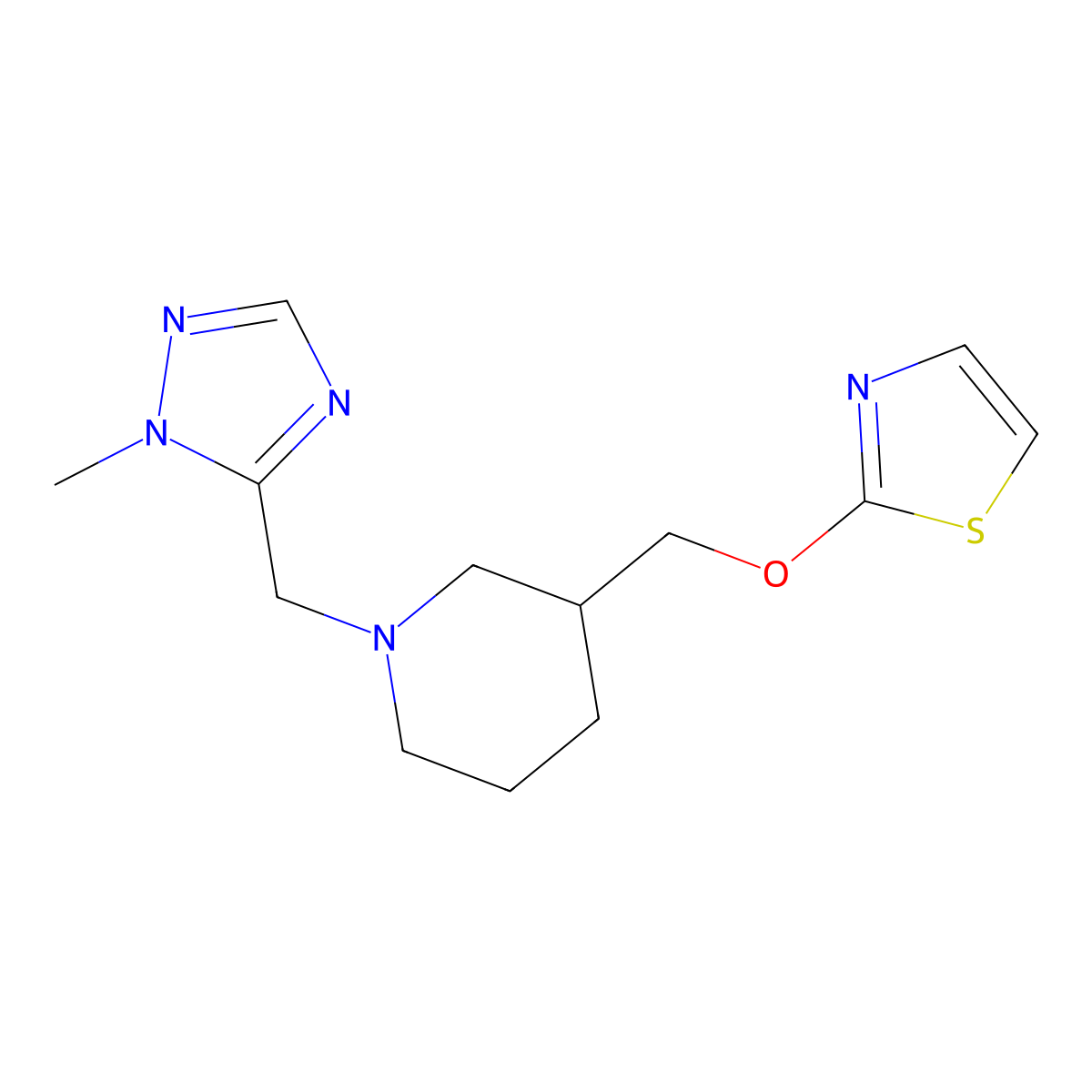 1-[(1-methyl-1H-1,2,4-triazol-5-yl)methyl]-3-[(1,3-thiazol-2-yloxy)methyl]piperidine molecular structure, CAS 2770584-74-0