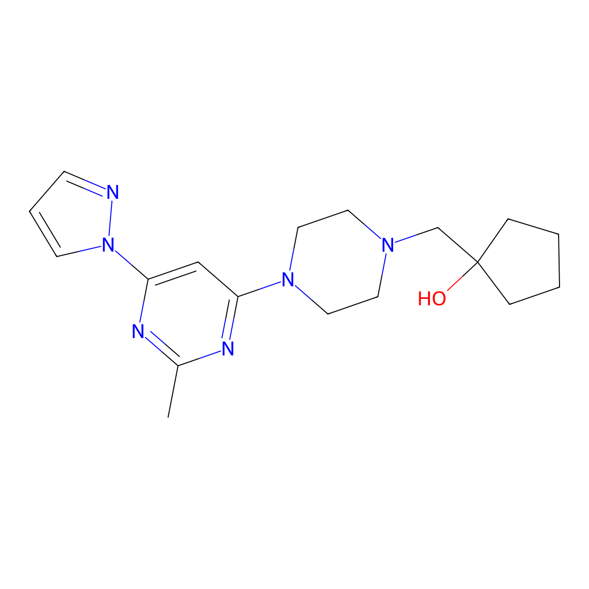 1-({4-[2-methyl-6-(1H-pyrazol-1-yl)pyrimidin-4-yl]piperazin-1-yl}methyl)cyclopentan-1-ol molecular structure, CAS 2770584-75-1