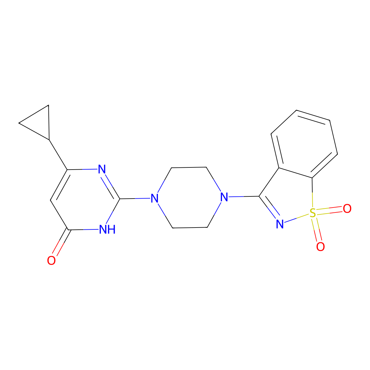 4-cyclopropyl-2-[4-(1,1-dioxo-1,2-benzothiazol-3-yl)piperazin-1-yl]-1H-pyrimidin-6-one molecular structure, CAS 2770584-78-4
