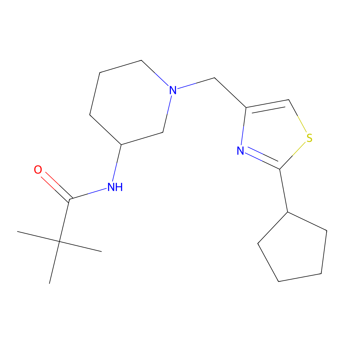 N-{1-[(2-cyclopentyl-1,3-thiazol-4-yl)methyl]piperidin-3-yl}-2,2-dimethylpropanamide molecular structure, CAS 2770584-80-8