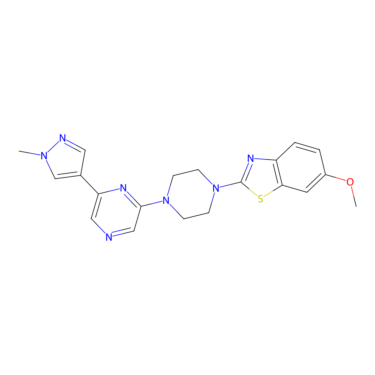 6-methoxy-2-{4-[6-(1-methyl-1H-pyrazol-4-yl)pyrazin-2-yl]piperazin-1-yl}-1,3-benzothiazole molecular structure, CAS 2770584-90-0