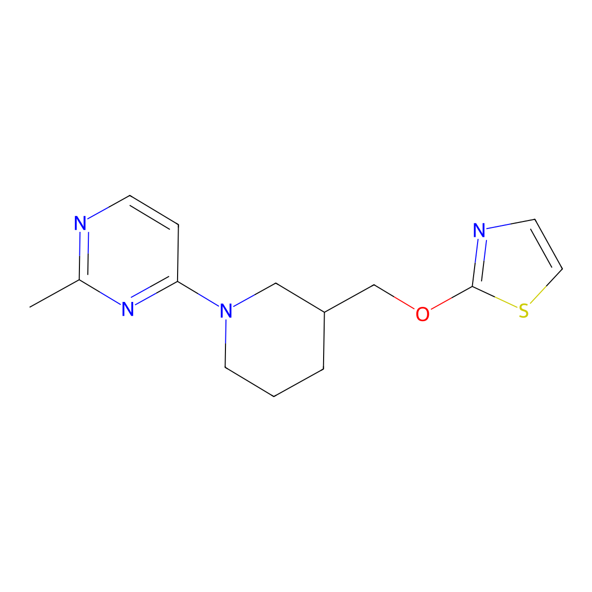 2-Methyl-4-{3-[(1,3-thiazol-2-yloxy)methyl]piperidin-1-yl}pyrimidine molecular structure, CAS 2770584-92-2