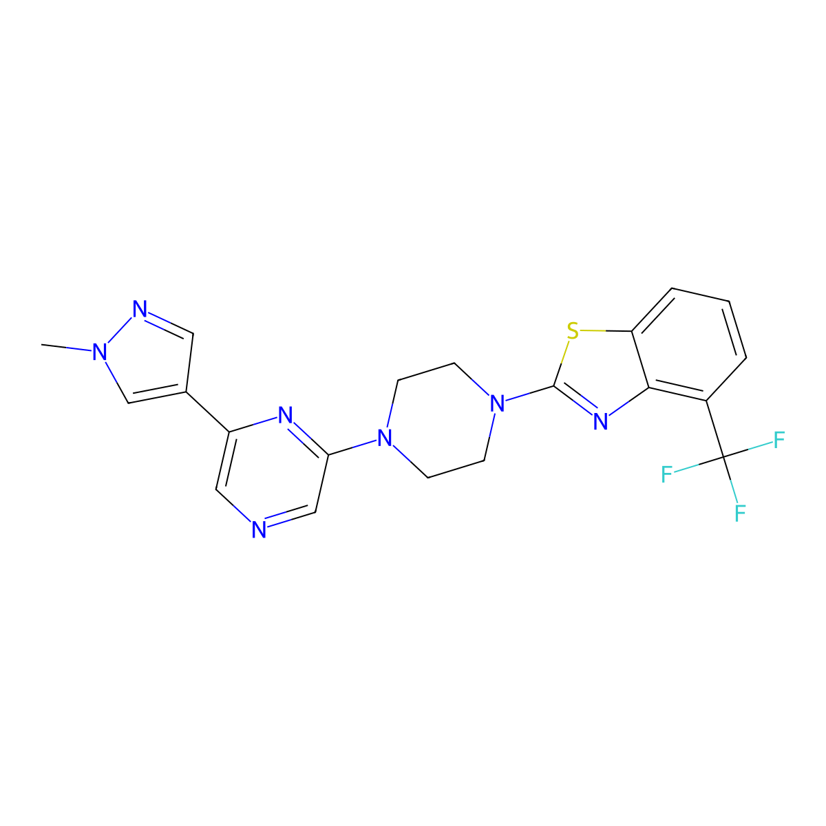 2-{4-[6-(1-methyl-1H-pyrazol-4-yl)pyrazin-2-yl]piperazin-1-yl}-4-(trifluoromethyl)-1,3-benzothiazole molecular structure, CAS 2770584-95-5