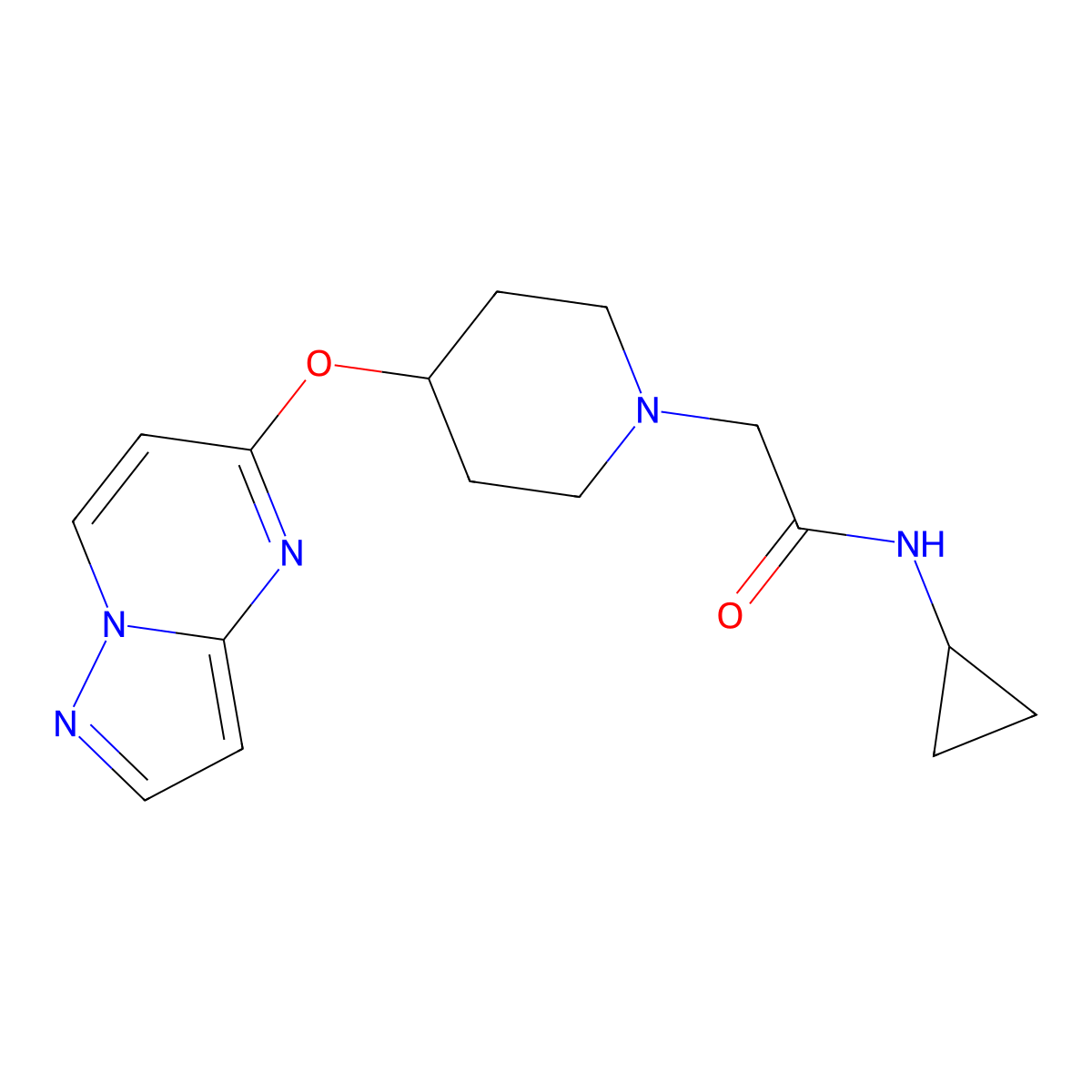 N-cyclopropyl-2-(4-{pyrazolo[1,5-a]pyrimidin-5-yloxy}piperidin-1-yl)acetamide molecular structure, CAS 2770584-96-6