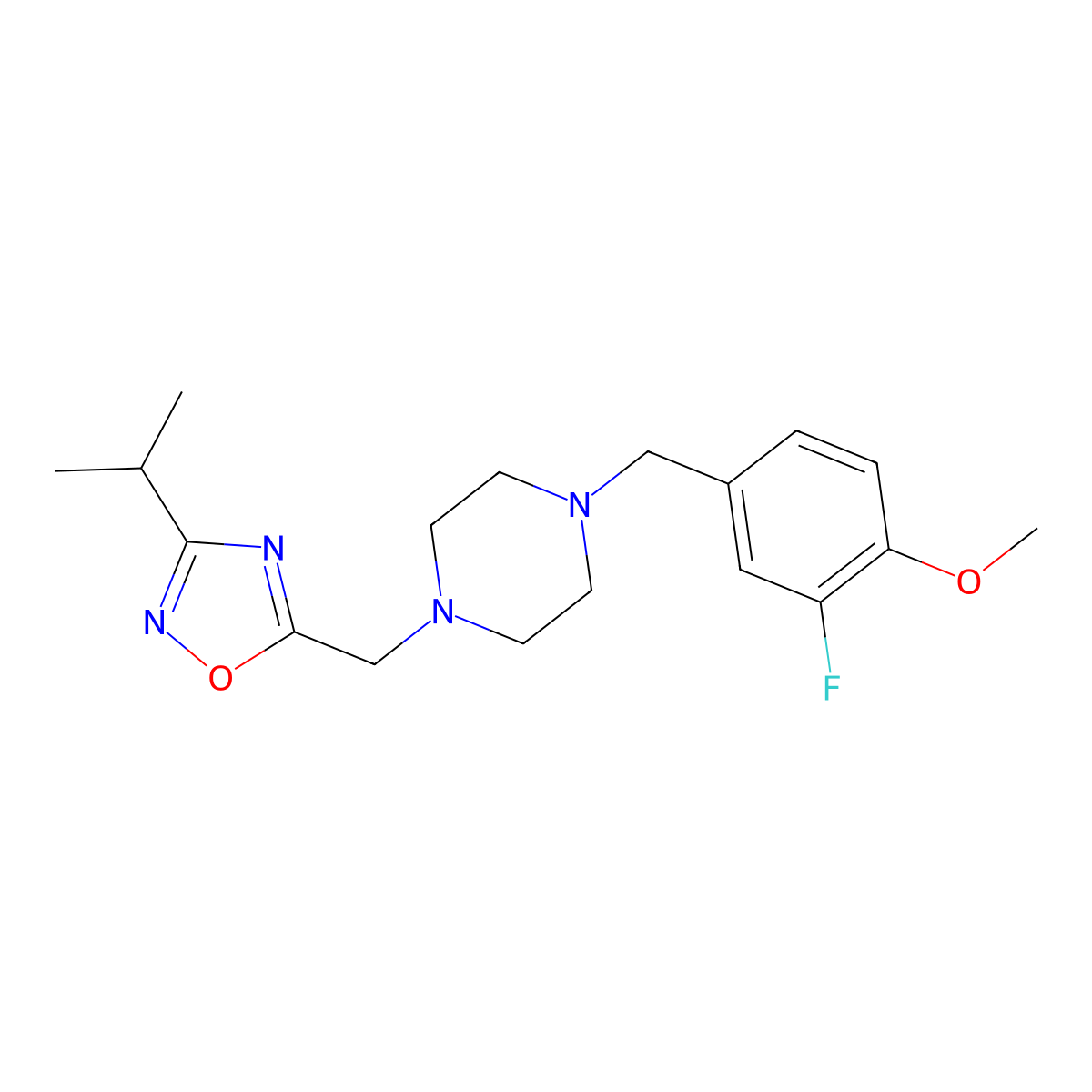 1-[(3-Fluoro-4-methoxyphenyl)methyl]-4-{[3-(propan-2-yl)-1,2,4-oxadiazol-5-yl]methyl}piperazine molecular structure, CAS 2770585-04-9