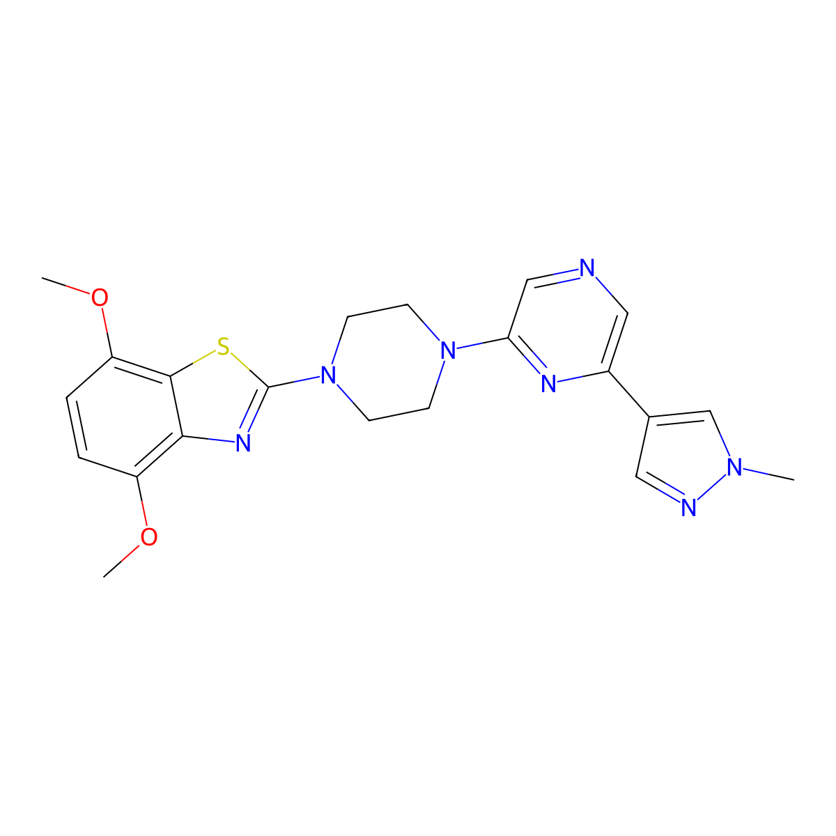 4,7-dimethoxy-2-{4-[6-(1-methyl-1H-pyrazol-4-yl)pyrazin-2-yl]piperazin-1-yl}-1,3-benzothiazole molecular structure, CAS 2770585-06-1