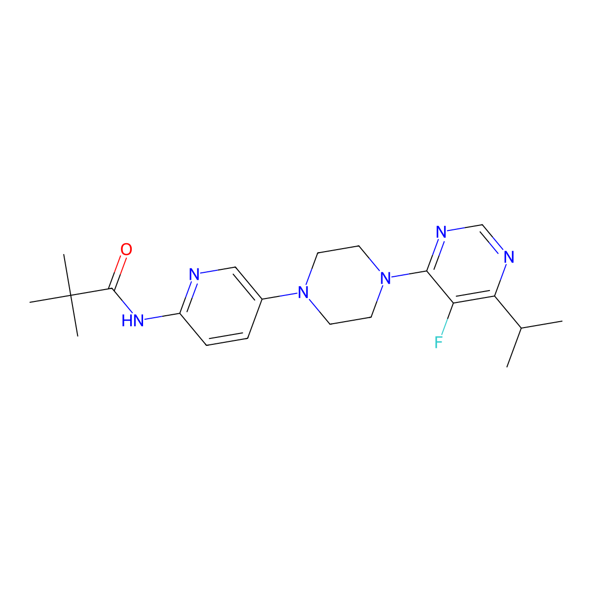 N-(5-{4-[5-fluoro-6-(propan-2-yl)pyrimidin-4-yl]piperazin-1-yl}pyridin-2-yl)-2,2-dimethylpropanamide molecular structure, CAS 2770585-36-7