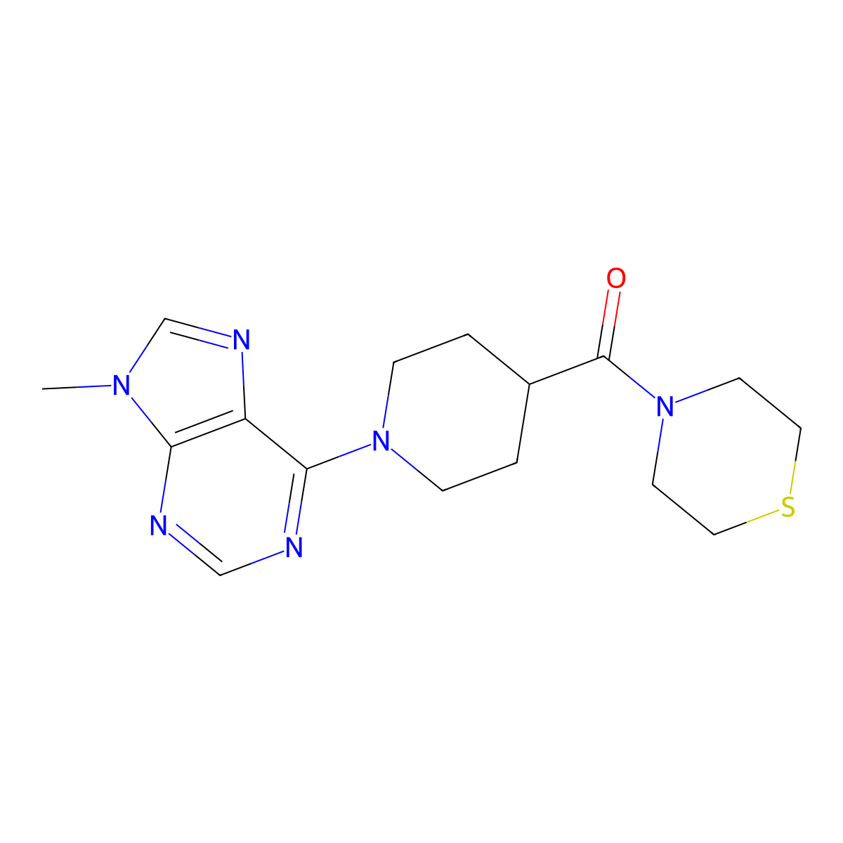 9-methyl-6-[4-(thiomorpholine-4-carbonyl)piperidin-1-yl]-9H-purine molecular structure, CAS 2770585-39-0
