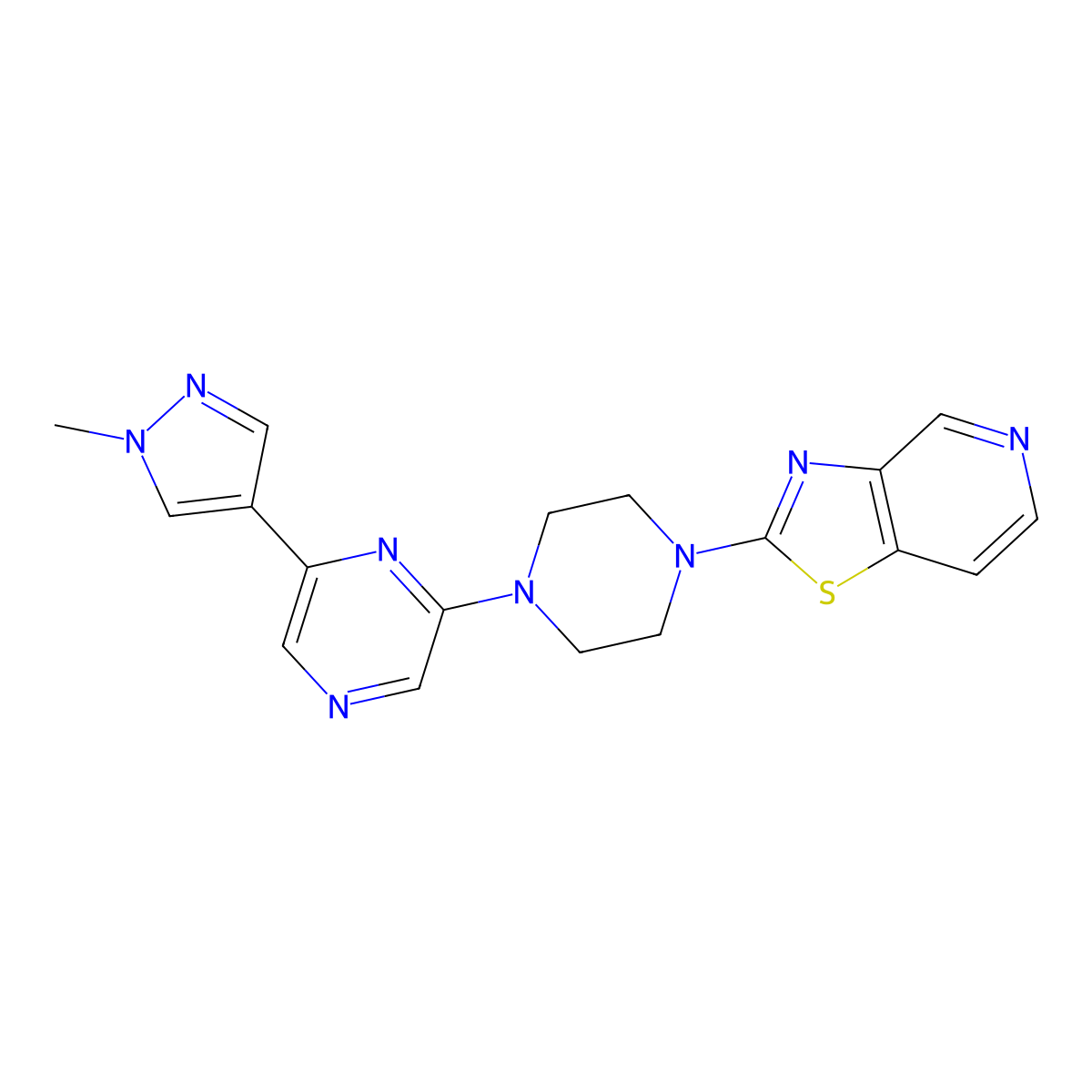2-(1-methyl-1H-pyrazol-4-yl)-6-(4-{[1,3]thiazolo[4,5-c]pyridin-2-yl}piperazin-1-yl)pyrazine molecular structure, CAS 2770585-43-6