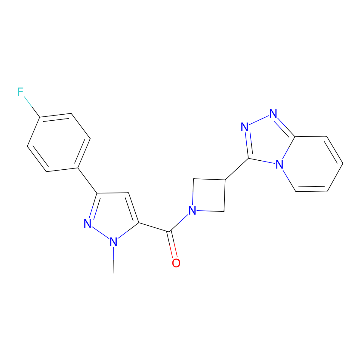 3-(4-fluorophenyl)-1-methyl-5-(3-{[1,2,4]triazolo[4,3-a]pyridin-3-yl}azetidine-1-carbonyl)-1H-pyrazole molecular structure, CAS 2770585-44-7