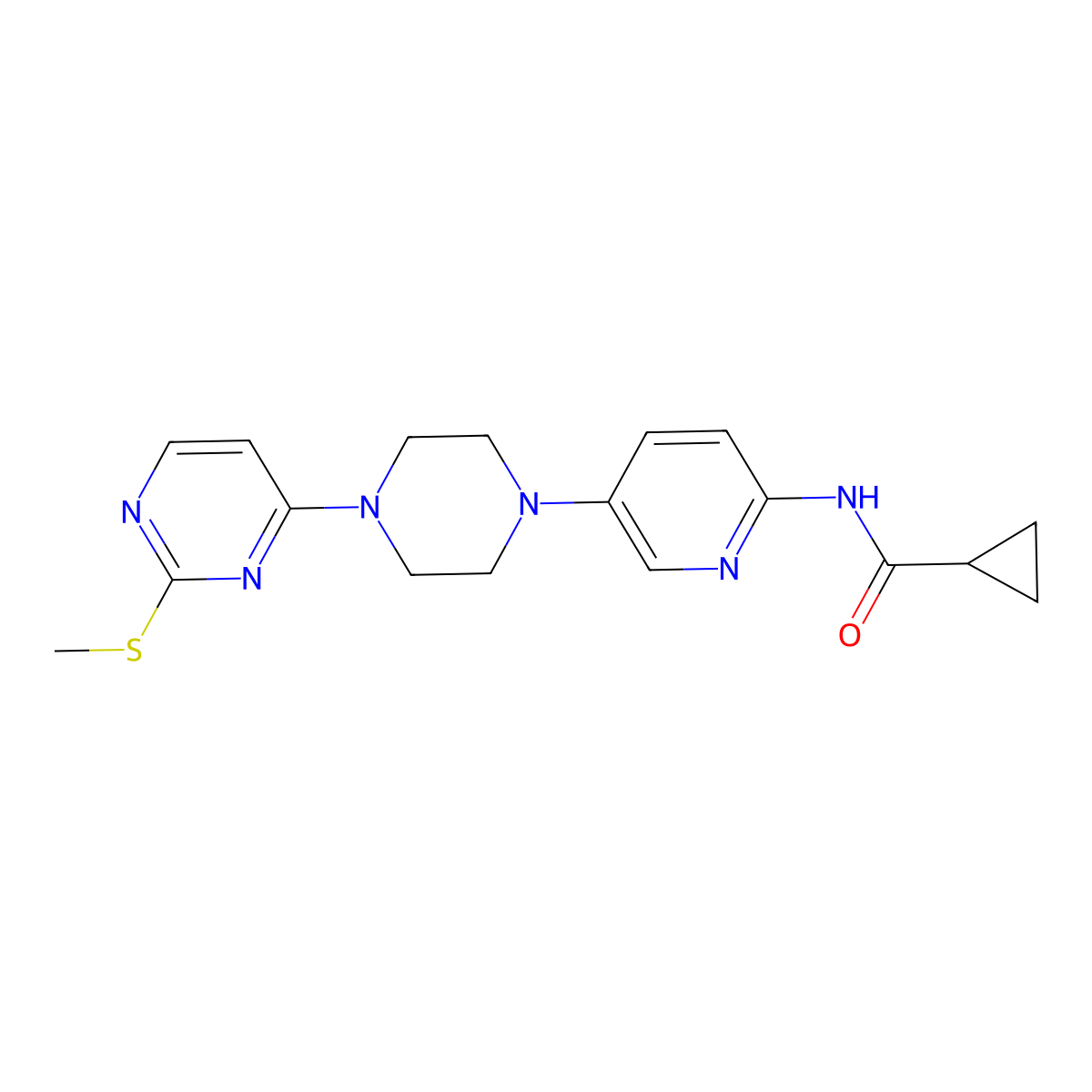 N-(5-{4-[2-(methylsulfanyl)pyrimidin-4-yl]piperazin-1-yl}pyridin-2-yl)cyclopropanecarboxamide molecular structure, CAS 2770585-50-5