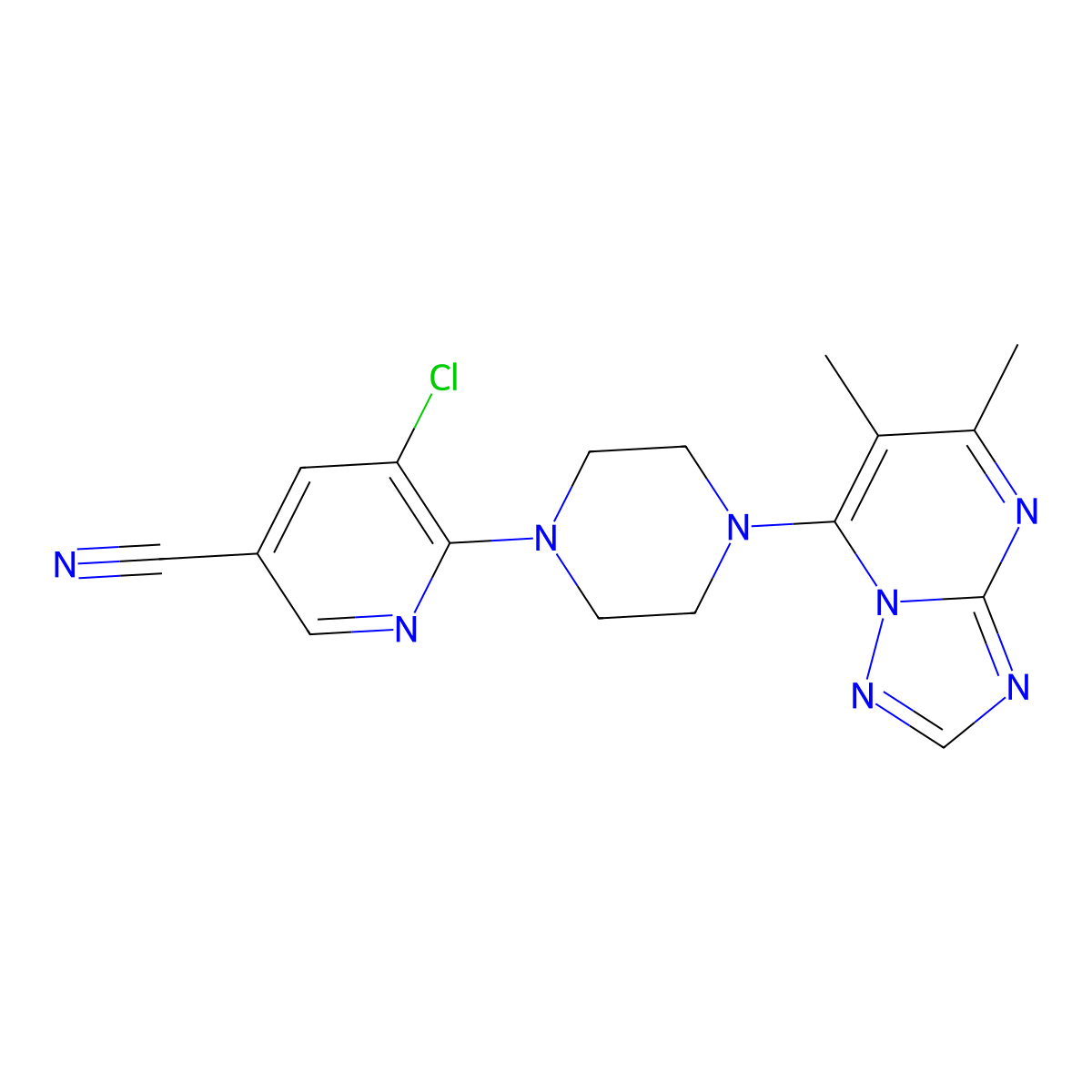5-Chloro-6-(4-{5,6-dimethyl-[1,2,4]triazolo[1,5-a]pyrimidin-7-yl}piperazin-1-yl)pyridine-3-carbonitrile molecular structure, CAS 2770585-60-7