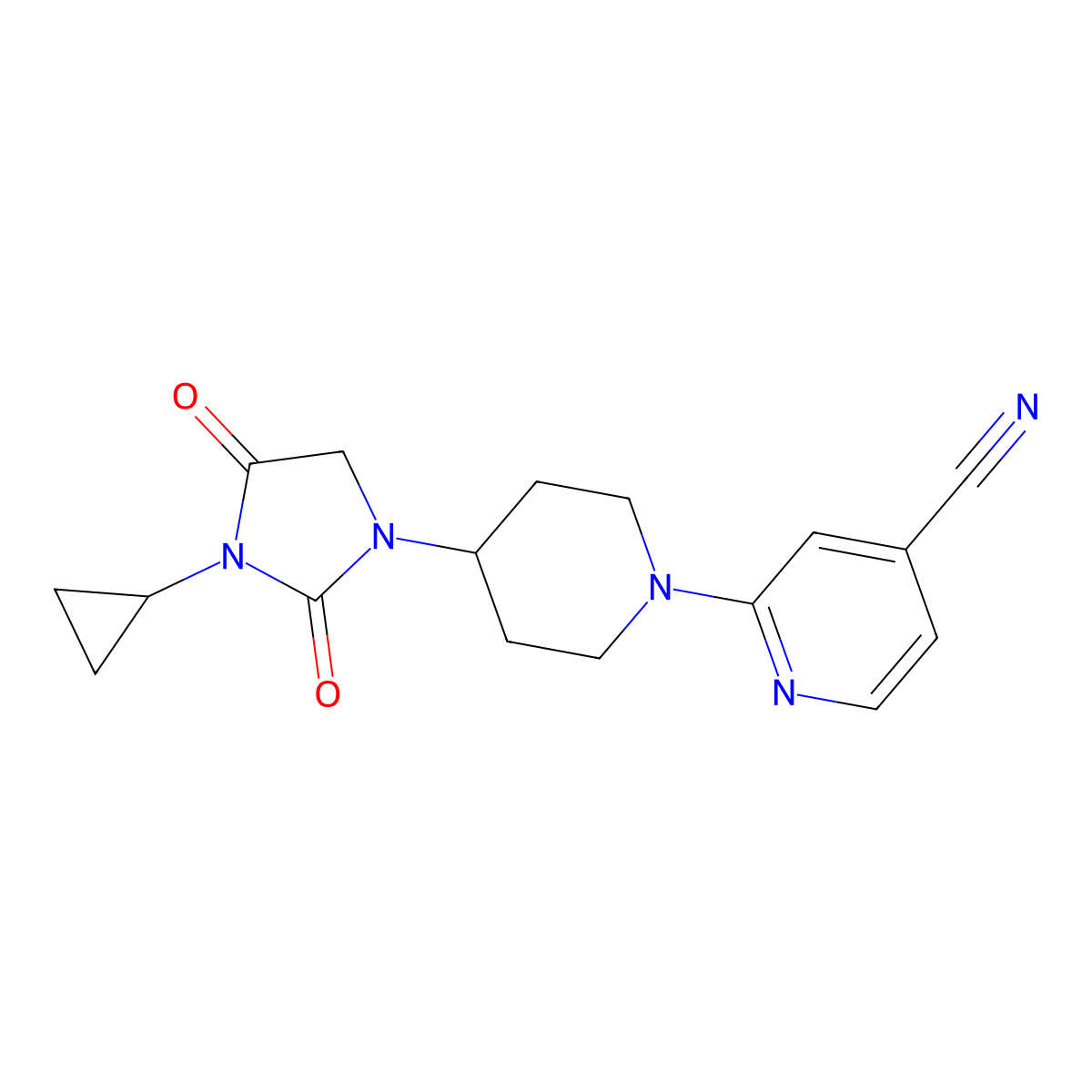 2-[4-(3-Cyclopropyl-2,4-dioxoimidazolidin-1-yl)piperidin-1-yl]pyridine-4-carbonitrile molecular structure, CAS 2770585-75-4