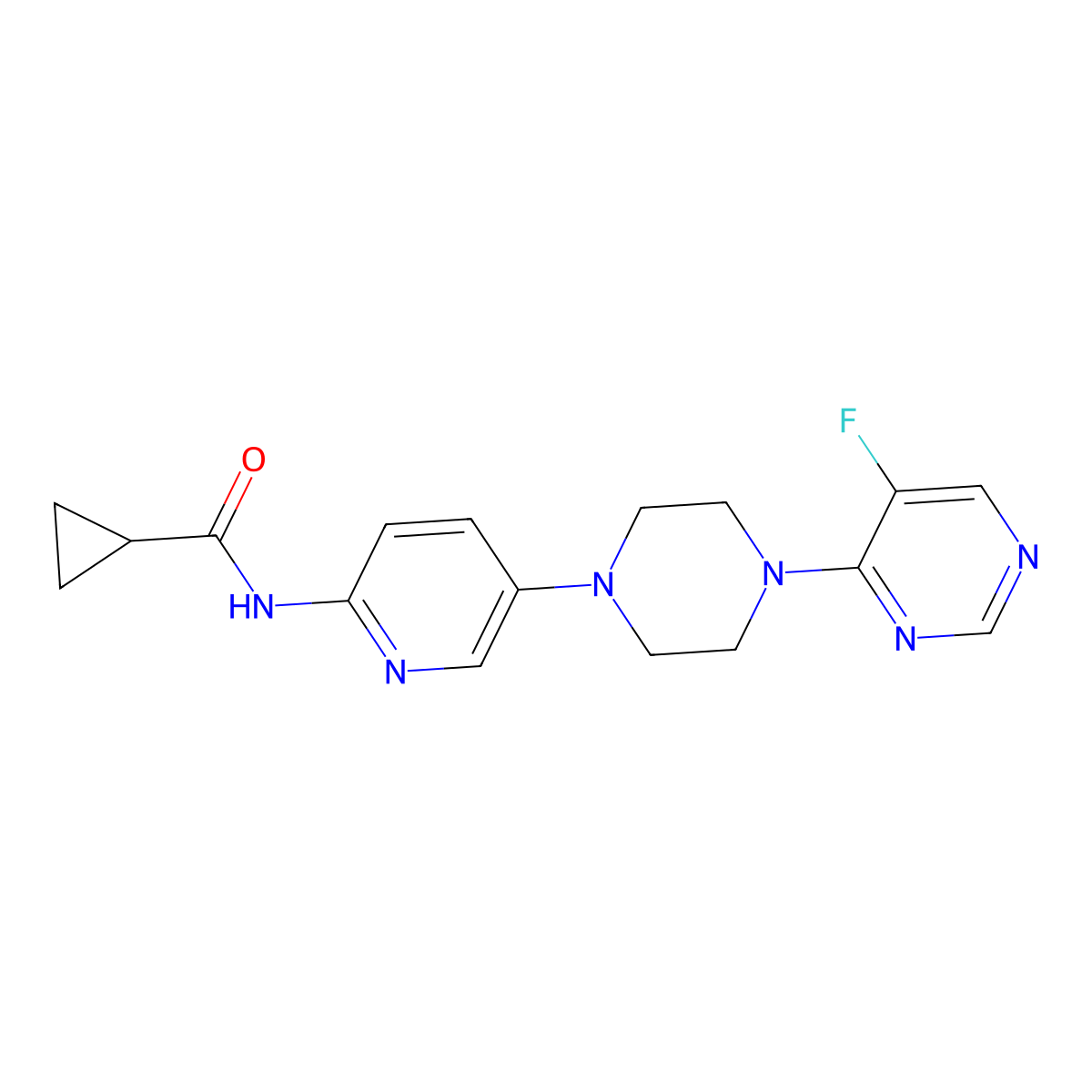 N-{5-[4-(5-fluoropyrimidin-4-yl)piperazin-1-yl]pyridin-2-yl}cyclopropanecarboxamide molecular structure, CAS 2770585-80-1