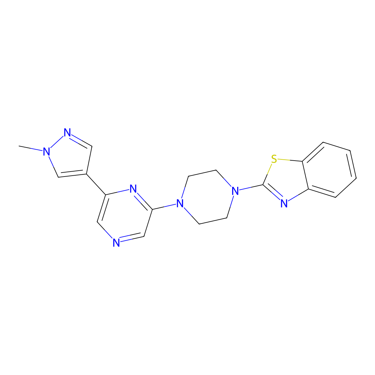 2-{4-[6-(1-methyl-1H-pyrazol-4-yl)pyrazin-2-yl]piperazin-1-yl}-1,3-benzothiazole molecular structure, CAS 2770585-82-3