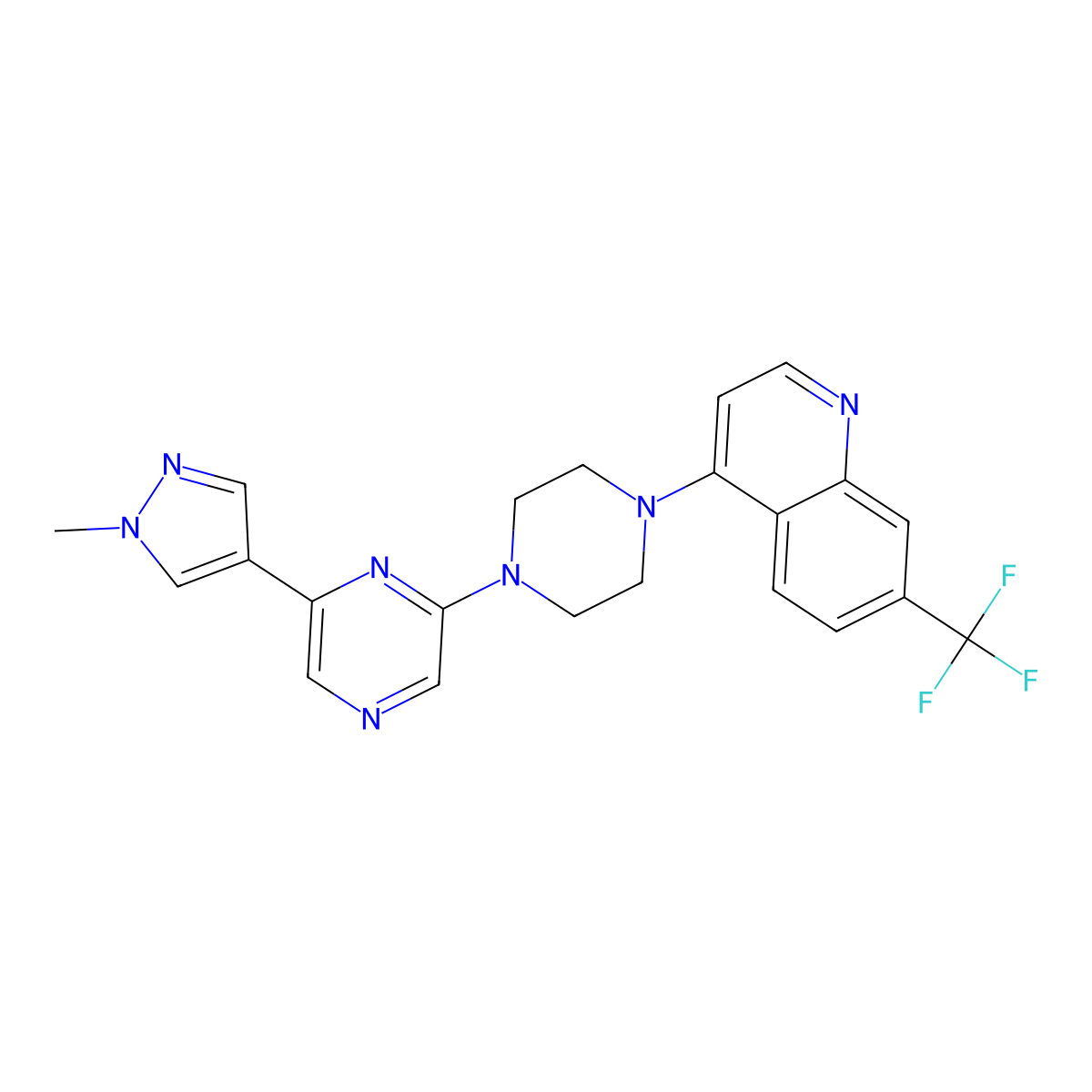 4-{4-[6-(1-methyl-1H-pyrazol-4-yl)pyrazin-2-yl]piperazin-1-yl}-7-(trifluoromethyl)quinoline molecular structure, CAS 2770585-83-4