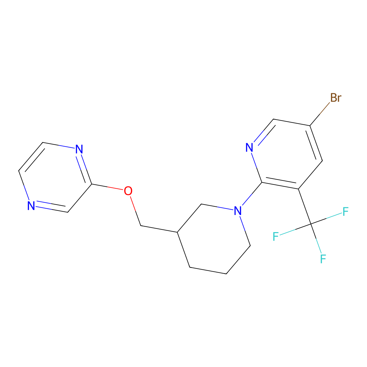 2-({1-[5-Bromo-3-(trifluoromethyl)pyridin-2-yl]piperidin-3-yl}methoxy)pyrazine molecular structure, CAS 2770585-84-5