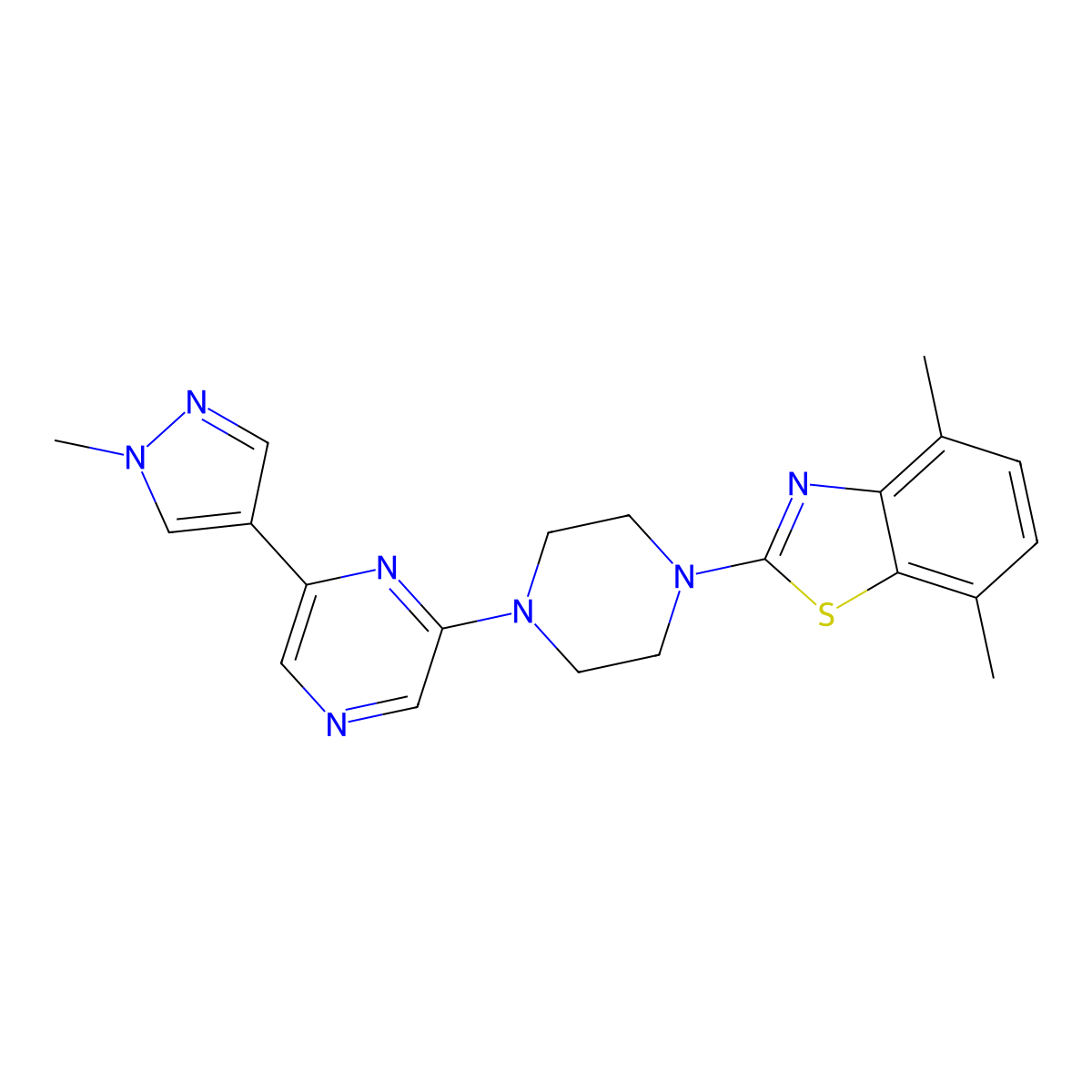 4,7-dimethyl-2-{4-[6-(1-methyl-1H-pyrazol-4-yl)pyrazin-2-yl]piperazin-1-yl}-1,3-benzothiazole molecular structure, CAS 2770585-85-6