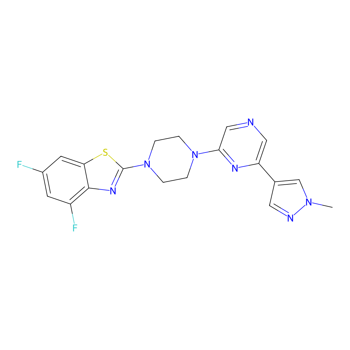 4,6-difluoro-2-{4-[6-(1-methyl-1H-pyrazol-4-yl)pyrazin-2-yl]piperazin-1-yl}-1,3-benzothiazole molecular structure, CAS 2770585-90-3