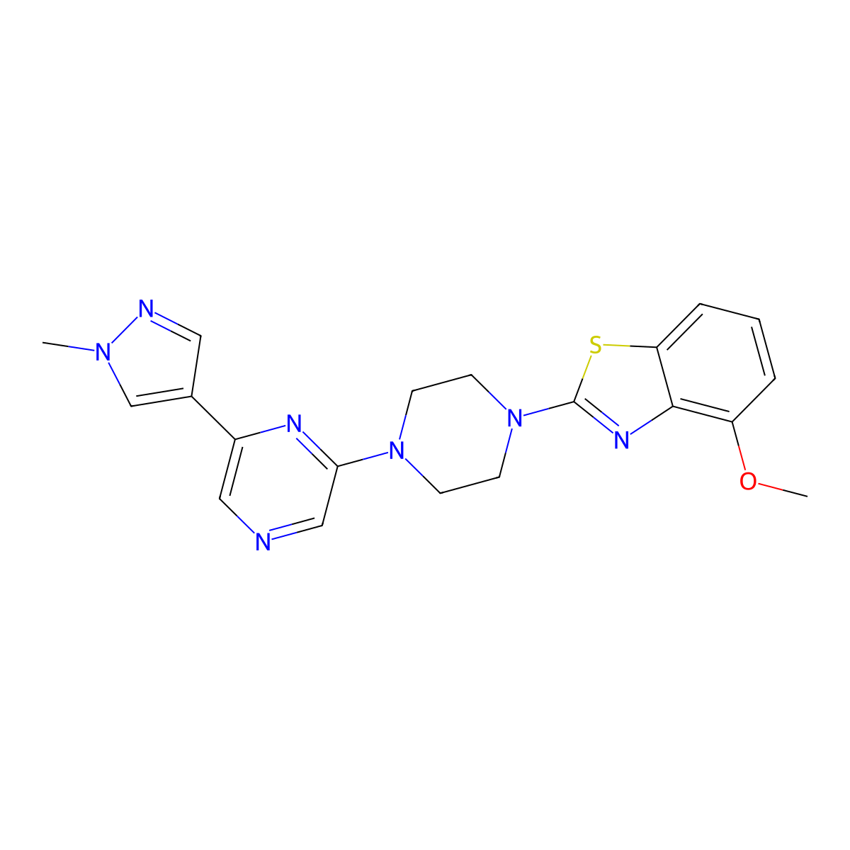 4-methoxy-2-{4-[6-(1-methyl-1H-pyrazol-4-yl)pyrazin-2-yl]piperazin-1-yl}-1,3-benzothiazole molecular structure, CAS 2770585-94-7