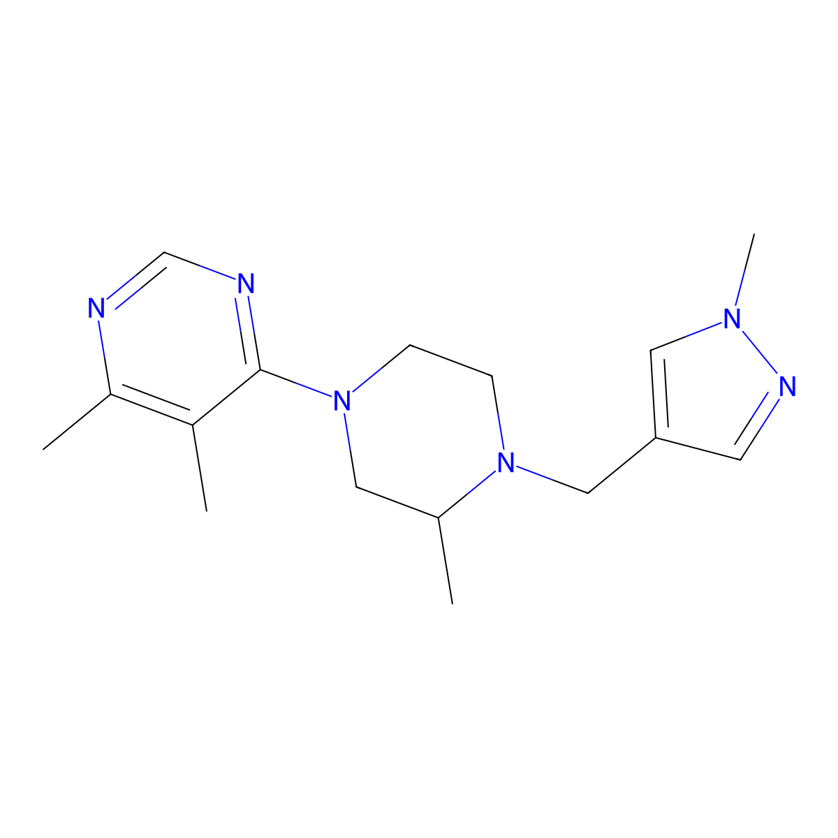 4,5-dimethyl-6-{3-methyl-4-[(1-methyl-1H-pyrazol-4-yl)methyl]piperazin-1-yl}pyrimidine molecular structure, CAS 2770585-96-9