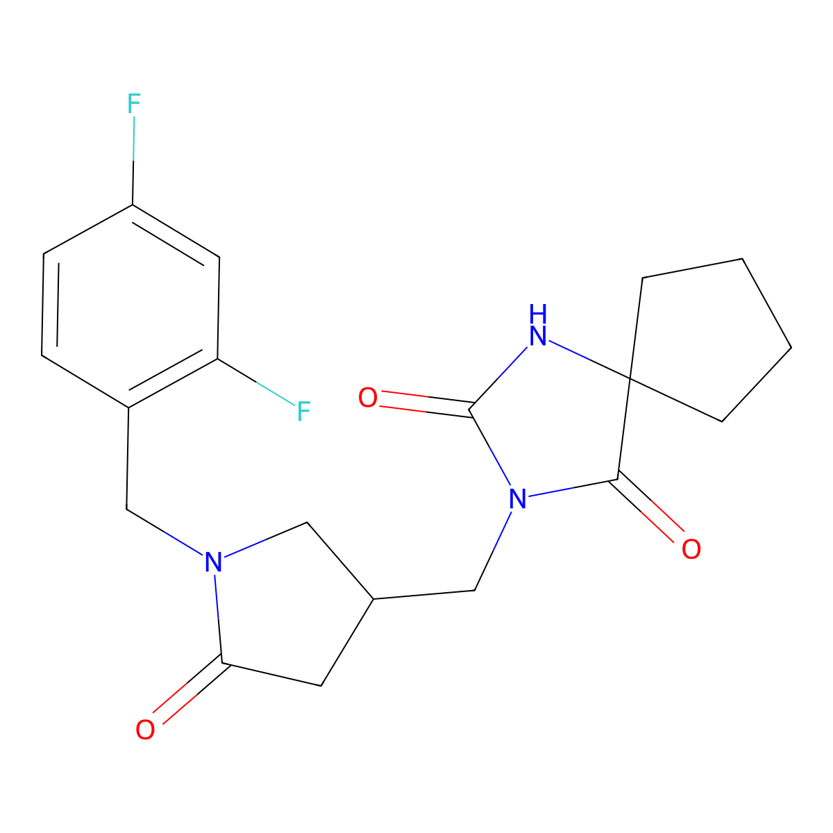 3-({1-[(2,4-Difluorophenyl)methyl]-5-oxopyrrolidin-3-yl}methyl)-1,3-diazaspiro[4.4]nonane-2,4-dione molecular structure, CAS 2770586-01-9