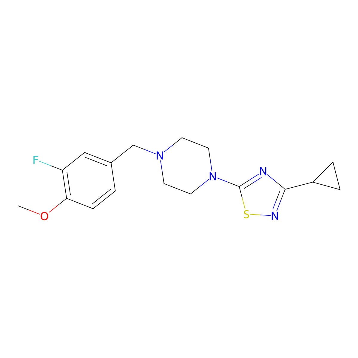 1-(3-Cyclopropyl-1,2,4-thiadiazol-5-yl)-4-[(3-fluoro-4-methoxyphenyl)methyl]piperazine molecular structure, CAS 2770586-02-0