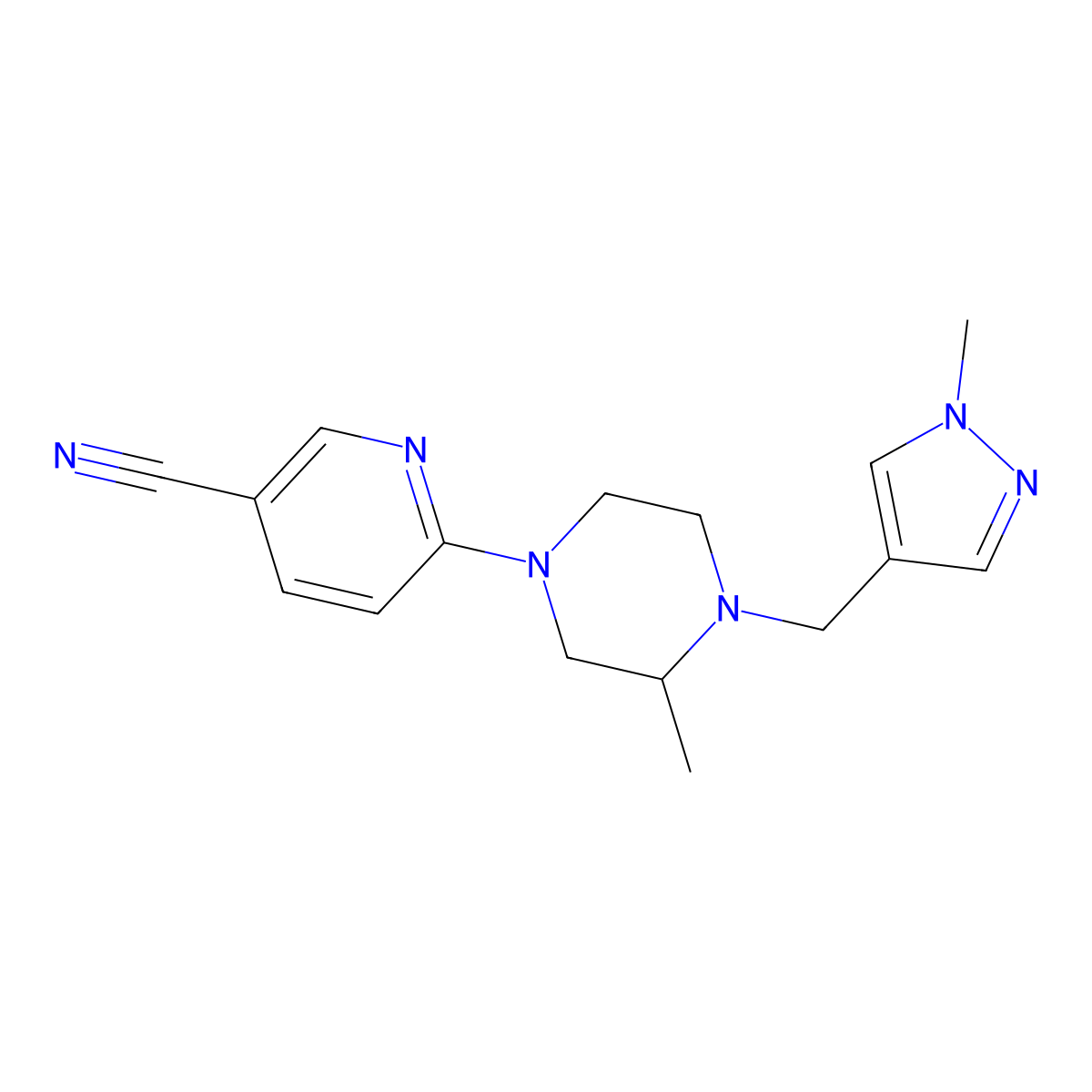 6-{3-methyl-4-[(1-methyl-1H-pyrazol-4-yl)methyl]piperazin-1-yl}pyridine-3-carbonitrile molecular structure, CAS 2770586-05-3