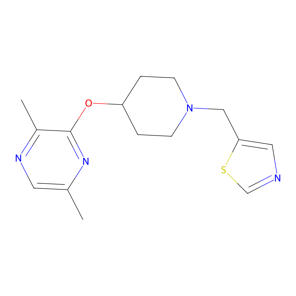 2,5-Dimethyl-3-({1-[(1,3-thiazol-5-yl)methyl]piperidin-4-yl}oxy)pyrazine molecular structure, CAS 2770586-08-6